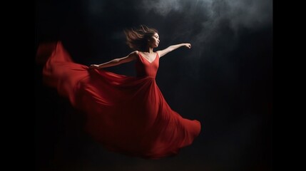 Generative AI : beautiful inspirational woman dancing in a theatrical red silk dress flying