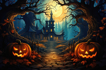 Fototapeta premium Halloween spooky background, scary jack o lantern pumpkins in creepy dark forest with bats, spooky trees and moon, Happy Haloween ghosts horror gothic mysterious night moonlight backdrop.