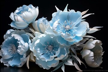 Beautiful handcrafted light blue peonies with a fantasy charm. Generative AI
