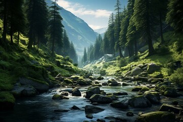 A captivating dream-like scenery boasting verdant meadows, meandering rivers, and a breathtaking ravine. Generative AI