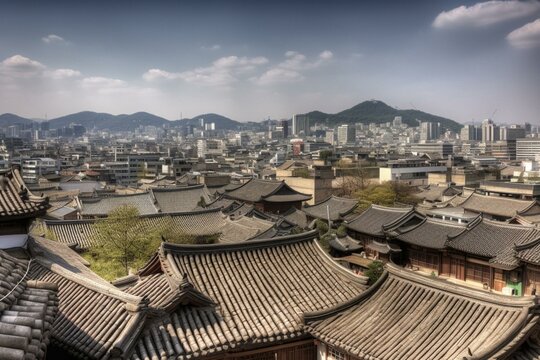 Bukchon hanok village in South Korea surrounded by Seoul's towering skyline. Generative AI