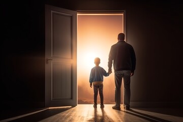 Father opens the door for his son, generative ai metaphorical image of dad showing world to his child.