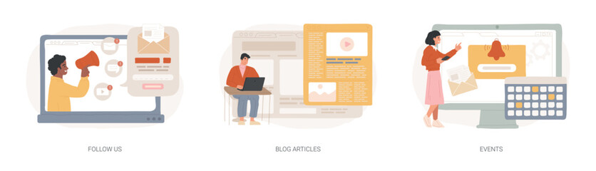 Corporate website links isolated concept vector illustration set. Follow us, blog articles, events, social media, subscribe for newsletter, publications, company page, notification vector concept.