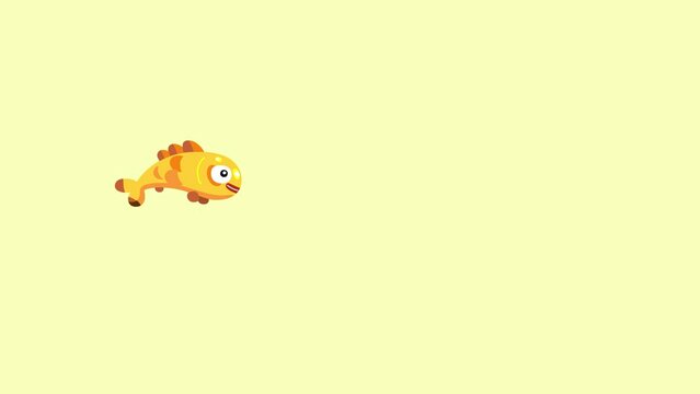 Golden fish jumping no splash in the water cartoon animation. Magic  isolated character animal seamles loop.