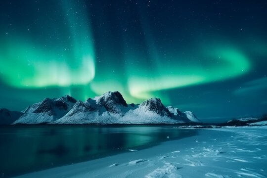 Northern lights over sea and snowy mountains, starry sky on Lofoten Islands, stunning Aurora Polaris landscape in Scandinavia. Generative AI