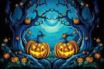 Obraz na płótnie Canvas Happy Halloween background spooky scene, creepy dark night with jack o lantern pumpkins spooky ghosts horror gothic evil mysterious night haunted haloween house backdrop.