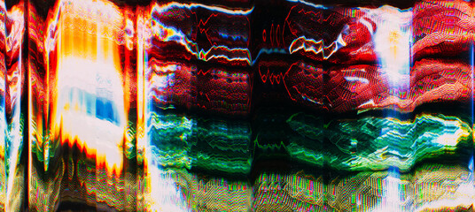 Glitch vibration. Gradient effect. Distortion noise. Red yellow green zigzag lines pattern smearing texture with blue interference signal error.