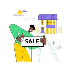 Selling assets isolated cartoon vector illustrations. Frustrated man sells his house because of business bankruptcy, startup failure, financial problems, real estate sale vector cartoon.