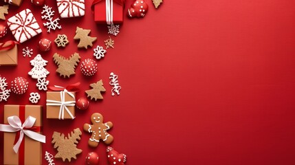 Christmas Banner with some presents, gingerbread man, fir tree branches, cookies, decorations on red background, Generative ai