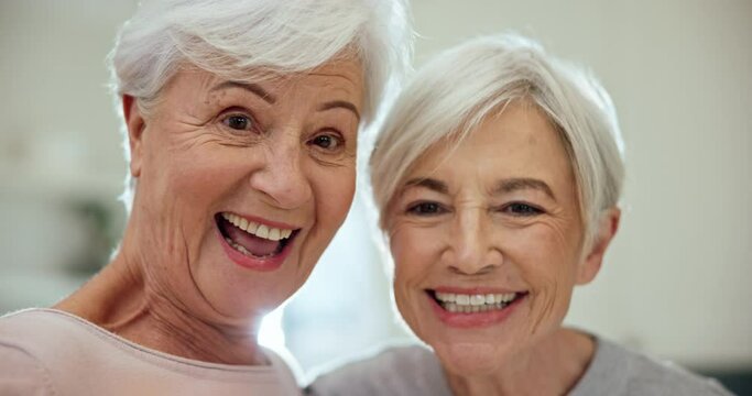 Senior women, friends and selfie in home, smile or excited for retirement memory, web blog or happy for online post. Elderly people, photography and profile picture for social network app in house