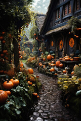 Halloween spooky background, scary jack o lantern pumpkins in creepy dark Happy Haloween ghosts horror mysterious night village street garden with old haunted house mystic backdrop.