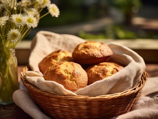 Freshly Baked Muffin Pastry Photorealistic Horizontal Illustration. Crusty Pastry, Gourmet Bakery. Ai Generated bright Illustration in Nature Background. Traditional Muffin Pastry.