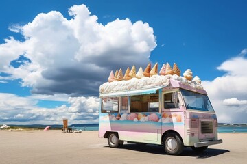 An ice cream truck with a cone on its roof, filled with abundant ice cream, parked on a beach under a blue sky with clouds. Generative AI