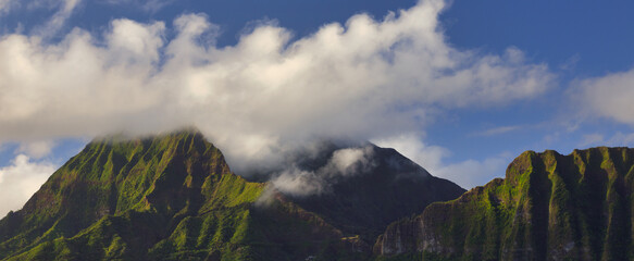 A panorama of the Ko'olau mountain range from the windward side of Oahu, Hawaii at the sun rises...