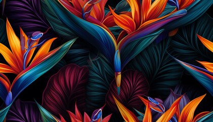 Exotic tropical flowers bird of paradise (strelitzia) red color blue palm leaves dark night jungle background