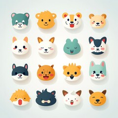 Set of animal faces, face emojis, stickers, emoticons,cartoon funny mascot characters face set