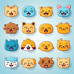Set of animal faces, face emojis, stickers, emoticons,cartoon funny mascot characters face set