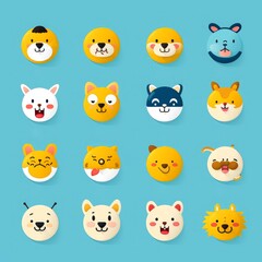 Obraz premium Set of animal faces, face emojis, stickers, emoticons,cartoon funny mascot characters face set