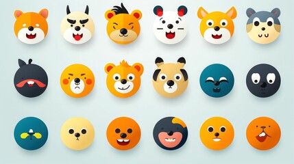 Set of animal faces, face emojis, stickers, emoticons,cartoon funny mascot characters face set