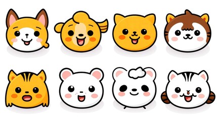 Fototapeta premium Set of animal faces, face emojis, stickers, emoticons,cartoon funny mascot characters face set