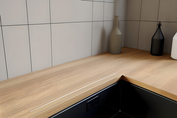 Wooden kitchen countertop corner angle view with bottles