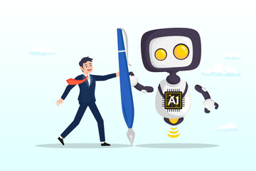 Frustrated businessman working with pencil with AI robot, AI Artificial Intelligence work with human, robot or automation to help success, robot to replace human employment, job uncertainty (Vector)