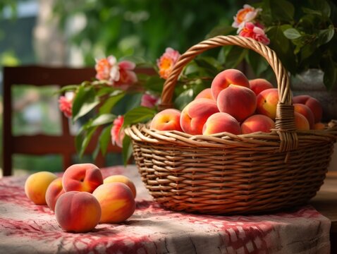 Fresh Organic Nectarine Fruit Photorealistic Horizontal Illustration. Healthy Vegetarian Diet. Ai Generated bright Illustration in Nature Background. Juicy Nectarine Fruit.