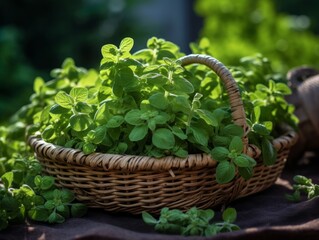 Aromatic Marjoram Herbs Photorealistic Horizontal Illustration. Healthy Vegetarian Diet. Ai Generated bright Illustration in Nature Background. Aromatic Marjoram Herbs.