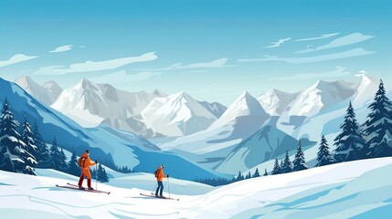 background Ski resort with snow-covered mountains and skiers
 - obrazy, fototapety, plakaty