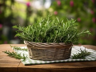 Aromatic Rosemary Herbs Photorealistic Horizontal Illustration. Healthy Vegetarian Diet. Ai Generated bright Illustration in Nature Background. Aromatic Rosemary Herbs.