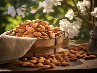 Organic Almond Nuts Photorealistic Horizontal Illustration. Nutritious Vegetarian Protein Snack. Ai Generated bright Illustration in Nature Background. Tasty Almond Nuts.