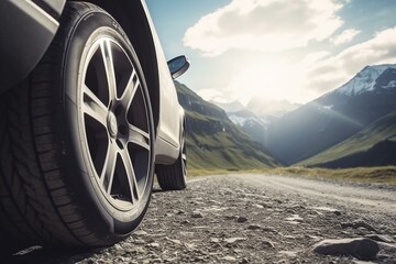 Car wheel on scenic route with mountain peak background. Road trip travel concept scene. Generative AI