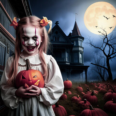 Scary evil little girl clown at night holding pumpkin with full moon, bats and haunted house, Halloween horror