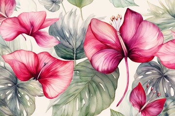 Classic watercolor pattern with butterflies, anthurium flowers, and floral background. Elegant flora design. Generative AI