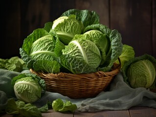 Fresh Organic Cabbage Vegetable Photorealistic Horizontal Illustration. Healthy Vegetarian Diet. Ai Generated bright Illustration in Nature Background. Juicy Cabbage Vegetable.