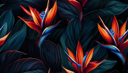Exotic tropical flowers bird of paradise (strelitzia) red color blue palm leaves dark night jungle background