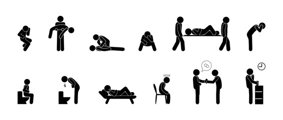 disease symptoms, first aid, person icon, sick people illustration set - obrazy, fototapety, plakaty