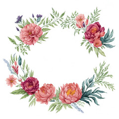 Fototapeta na wymiar Frame painted with watercolor. Boho style floral design. Botanical design isolated on white, created with AI Generative technology