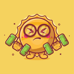 cute sun character mascot doing bodybuilding using dumbbell isolated cartoon in flat style design