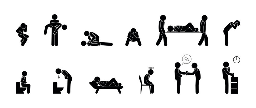 disease symptoms, first aid, person icon, sick people illustration set