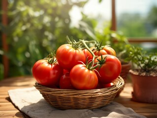 Fresh Organic Tomato Vegetable Photorealistic Horizontal Illustration. Healthy Vegetarian Diet. Ai Generated bright Illustration in Nature Background. Juicy Tomato Vegetable.