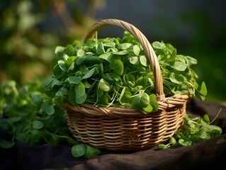 Fresh Organic Watercress Vegetable Photorealistic Horizontal Illustration. Healthy Vegetarian Diet. Ai Generated bright Illustration in Nature Background. Juicy Watercress Vegetable.