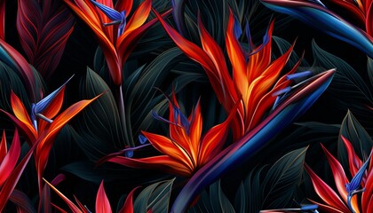 Image of Exotic tropical flowers bird of paradise (strelitzia) red color blue palm leaves dark night jungle background printed on Printed Glass Splashbacks