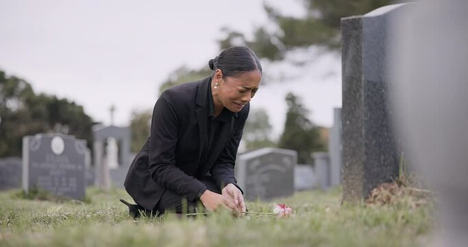 Sad woman, graveyard and crying with rose by tombstone in mourning, loss or grief at funeral or cemetery. Female person with flower in depression, death or goodbye at memorial or burial service