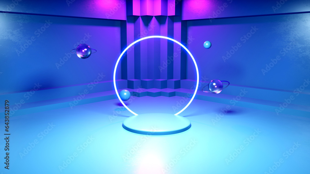 Poster 3d rendering of a blue product display stand in an empty room.