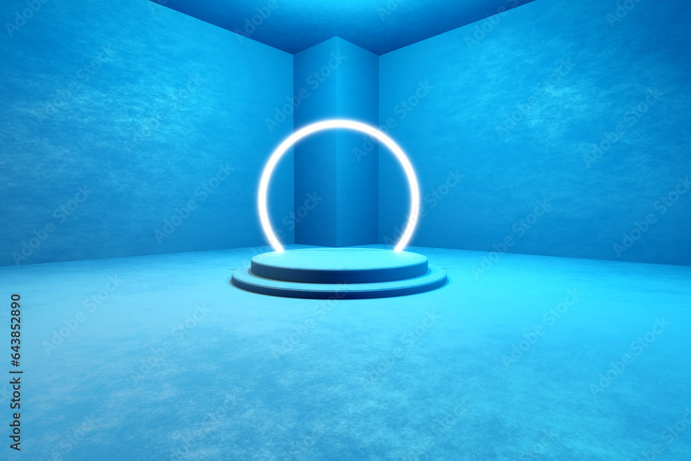 Poster 3d rendering of a blue product display stand in an empty room.
