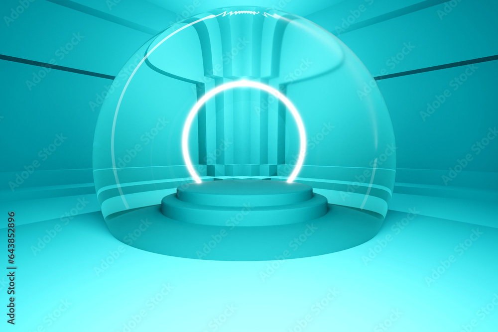 Poster 3d rendering of a mint green product display stand in an empty mint colored room.