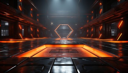 futuristic studio stage set in a dark. Showcase neon LED lasers casting an orange glow on the reflective, cyber theme