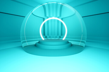 3D rendering of a mint green product display stand in an empty mint colored room.