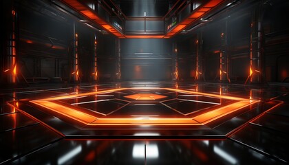 futuristic studio stage set in a dark. Showcase neon LED lasers casting an orange glow on the reflective, cyber theme